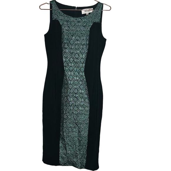 BADGLEY MISCHKA Black Emerald Lurex Jacquard Stretch Green Sheath Dress Size 6 - Picture 14 of 15